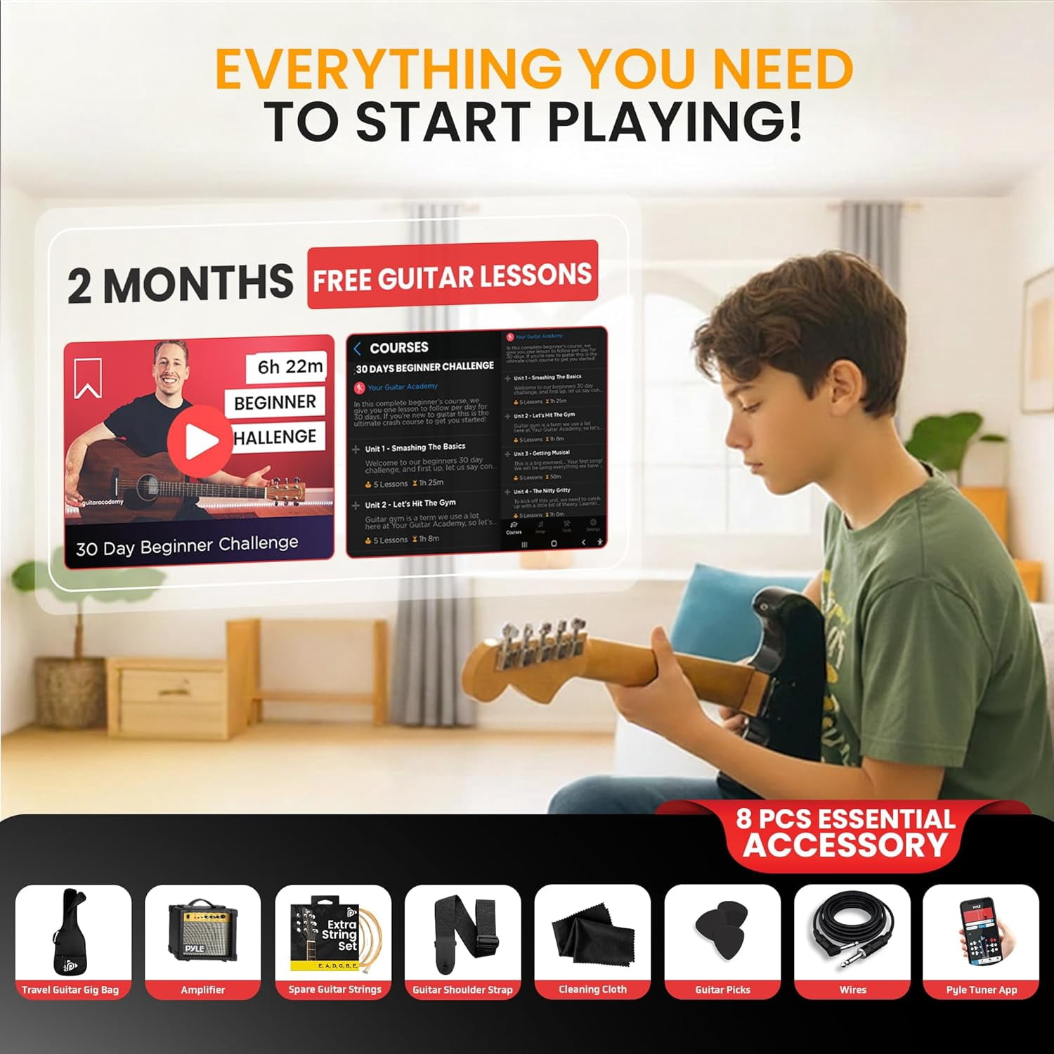 Pyle Electric Guitar Kit with Amp for Beginners – Full Size 39” Guitar, Humbucker Pickups, Rock Amplifier Starter Set for Kids, Youth & Adults