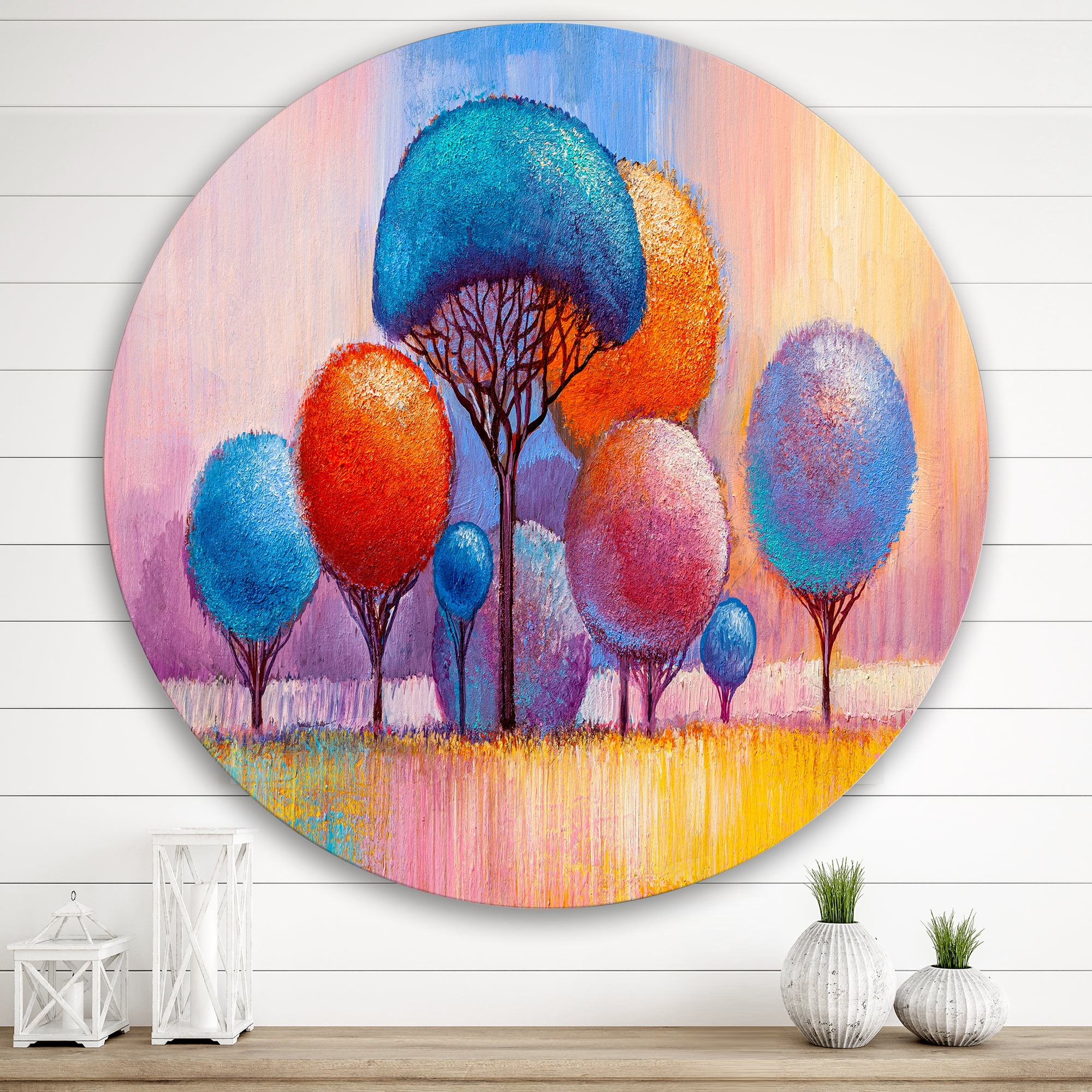 Designart 'Autumn Colorful Fantasy Trees II' Modern Circle Metal Wall Art 36x36 - Disc of 36