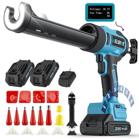 RELOIVE Cordless Caulking Gun,Electric Caulk Gun with 2x 2.0Ah Batteries, 6-Speed, LED Light, 17Pcs Caulk Remover Tool,Anti‑drip Auto Retract for Filling,Sealing,Blue