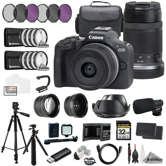 Canon EOS R50   18-45mm & 55-210mm Lenses (Black)   Mic 32GB  9 PC Filtr-MEGA Kit (International Version)
