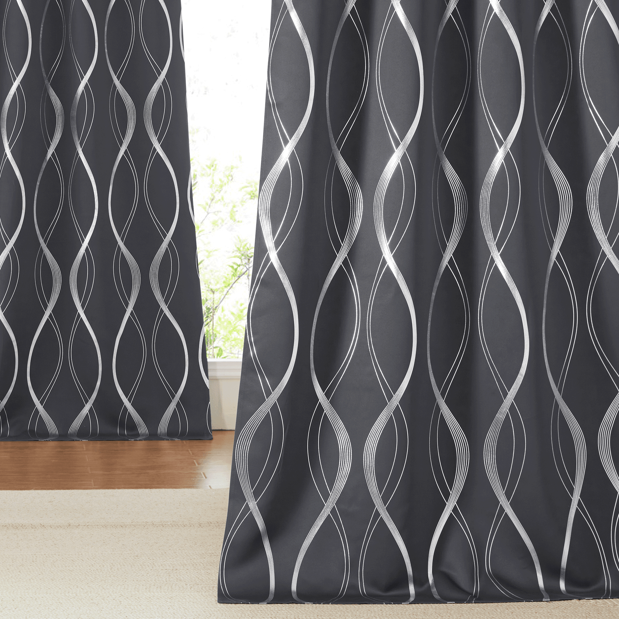 NICETOWN Living Room Curtains Blackout Length Wave Line Foil Print Grommet Room Darkening Curtains Thermal Insulated Bedroom Curtains, Gray, 42x84 inch, 2 Panels