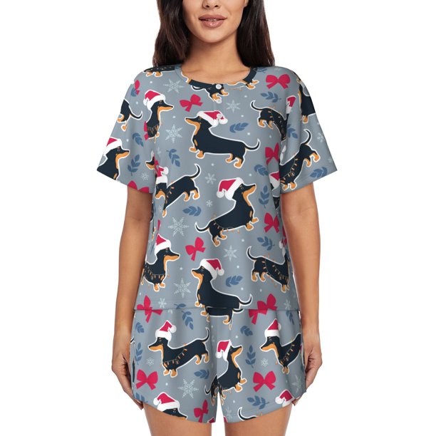 Fotbe Christmas Hat Dachshund Conjunto de Pijama Estampado para Mujer, 2 Piezas, Ropa de Dormir con Camiseta de Manga Corta y Shorts Suaves-Small