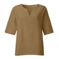 thumbnail image 4 of lcziwo 3/4 Length Sleeve Womens Tops Linen Blend V Neck Blouses Solid Color Basic Gauze Loose Fitted Tops Casual Trendy Spring Summer 2025 Tunic Tees Brown,XXL, 4 of 5