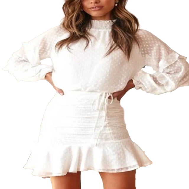 Women’s Solid Color Long Sleeve Tops and Ruffles A-line Short Skirt