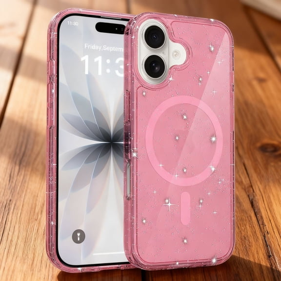 For iPhone 17 Phone Case,Women Cute Glitter Sparkly Shockproof Protective Case,Compatible with Mag-Safe,Thin Fit PC TPU Hybrid Anti-fall Drop Protection,Durable Phone Case,Pink
