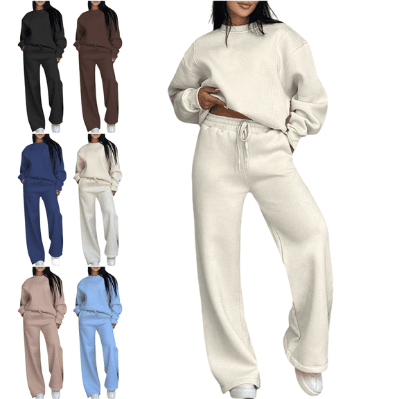 Xdegoge Sweatsuits Women 2 Piece Outfit Comfy Lounge Sets Oversized Long Sleeve Sweatshirt Crewneck Drop Shoulder Pullover Tops Gym Y2K Drawstring Elastic Waist Wide Leg Sweatpants with Pockets