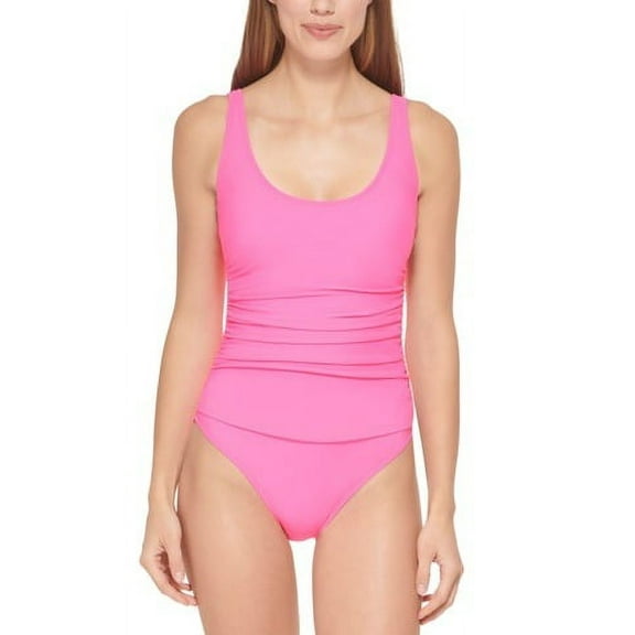 DKNY NEON PINK Ruched Mesh-Contrast One-Piece Swimsuit, US 6