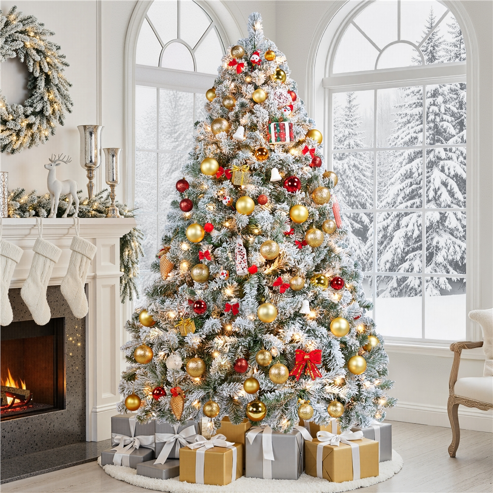 Alden Design 6Ft Pre-lit Flocked Artificial Christmas Tree with Foldable Stand, Green