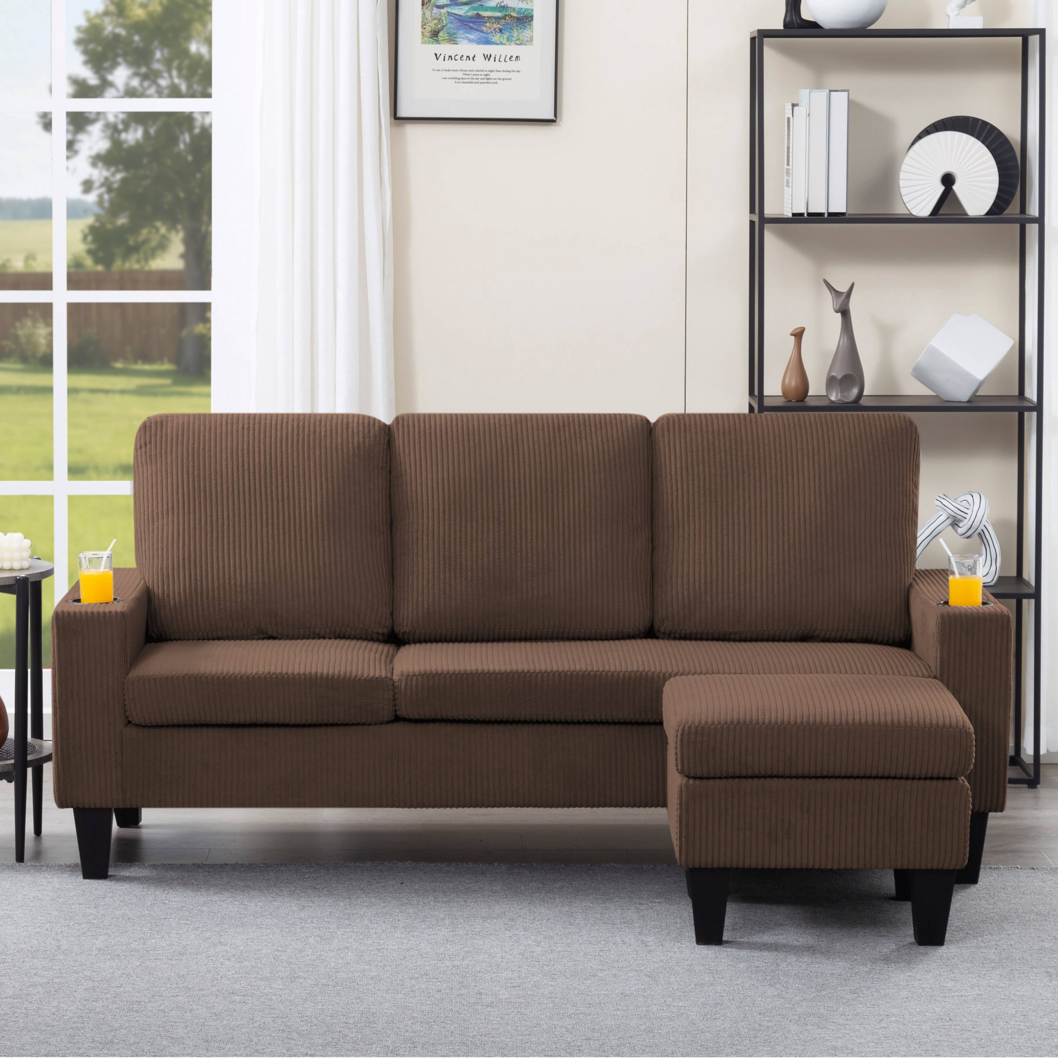 BSHTI 69.88 inch Modern Style Sectional L-Shaped Sofa Couch, 3-seater Sofa Couch with movable ottoman for Livingroom,Camel