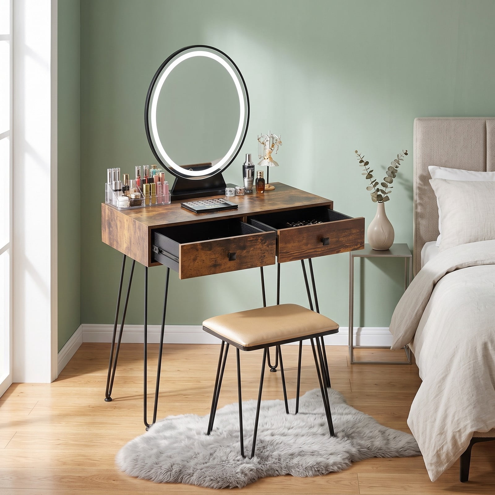 Furnibear Industrial Makeup Dressing Table with 3 Lighting Modes and Removable Mirror and Cushioned Stool for Bedroom, Rustic Brown