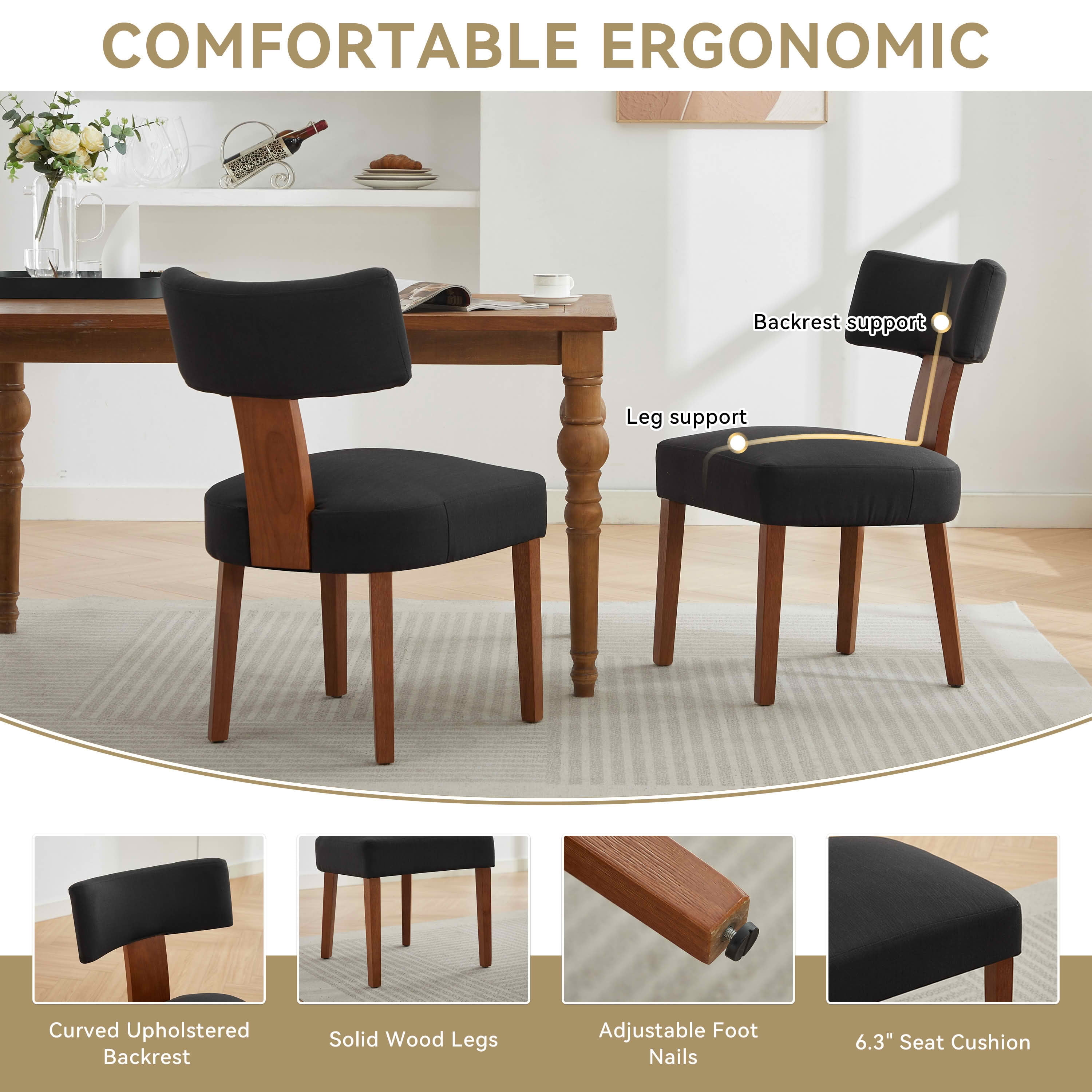 MAYEERTY Set of 2 Linen Fabric Modern Armless Dining Chairs, Curved Backrest & Solid Wooden Legs, for Dining Room & Living Room, Black