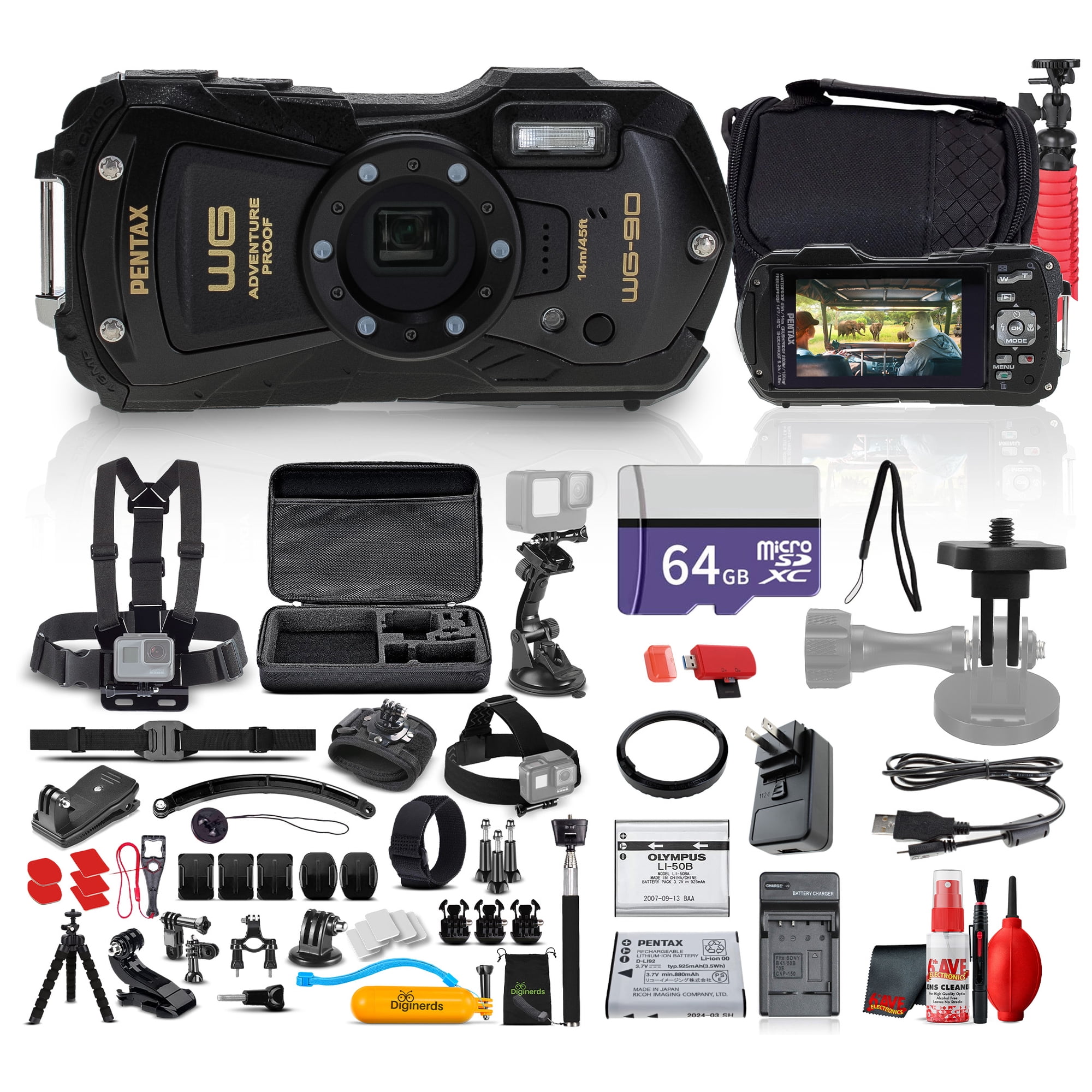 Ricoh Pentax WG-90 Waterproof, Shockproof, Dustproof, Freezeproof, Tough Digital Camera + More