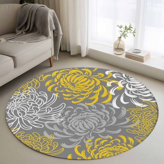 Round Area Rug 3 Ft, Yellow Gray Floral Washable Non-Slip Circle Carpet for Living Room/Bedroom, Farmhouse Retro Abstract Flowers Art Low-Profile Small Floor Mats Collection Rugs for Indoor
