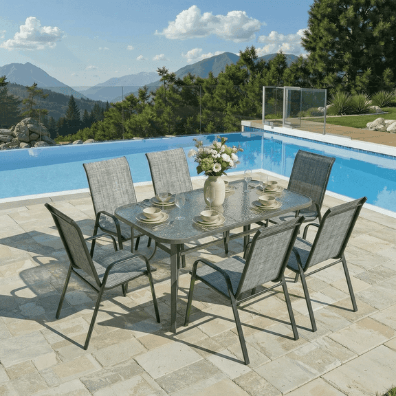 Pirecart Outdoor Table and Chair Set of 7, Textilene Patio Furniture Set Suitable for All Weather with Umbrella Hole, for Backyard Poolside, Gray