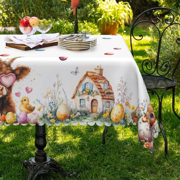 MIZHONA Happy Easter Rectangle Tablecloth Spring Easter Funny Rabbits Cow Eggs Dining Table Cloth