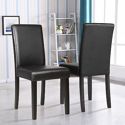 2 Black Dining Chairs - Set of 2 Kitchen Dinette Dining Room Chair Elegant Design Black Leather Backrest