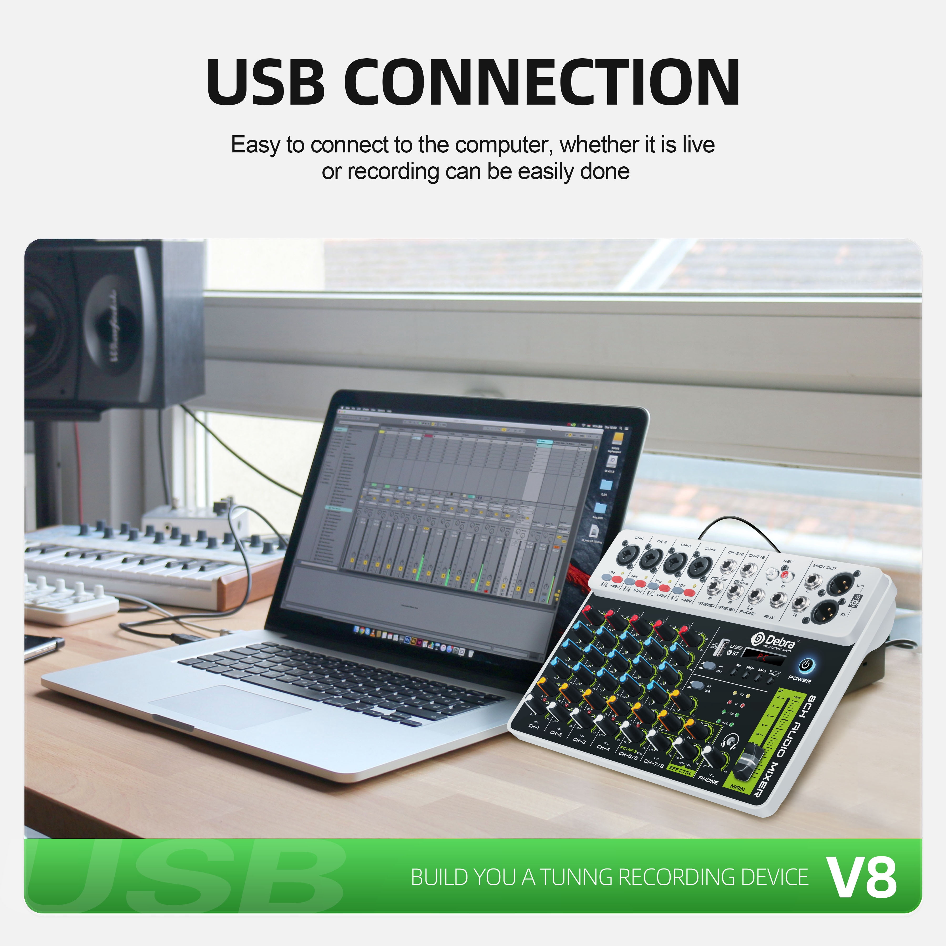 V8 Interface Mixer with Bluetooth 5.0 USB Phantom Power DJ Mixer for PC Recording with Delayed Replay Effects ,Easy to Operate