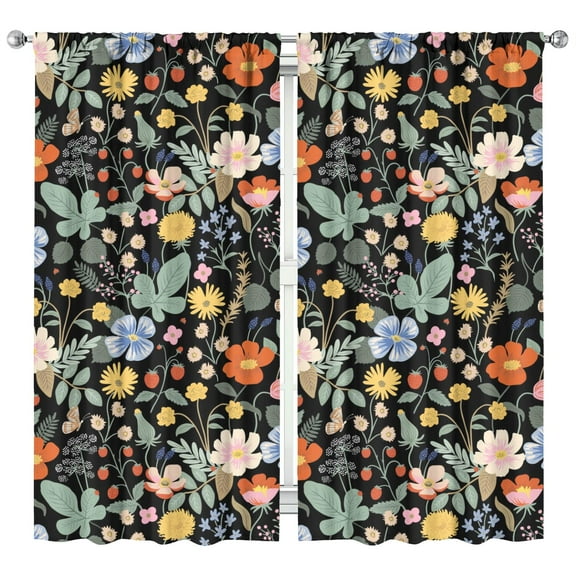 Floral and Bee Print Kitchen Curtains - Rustic Farmhouse Semi-Sheer Panels