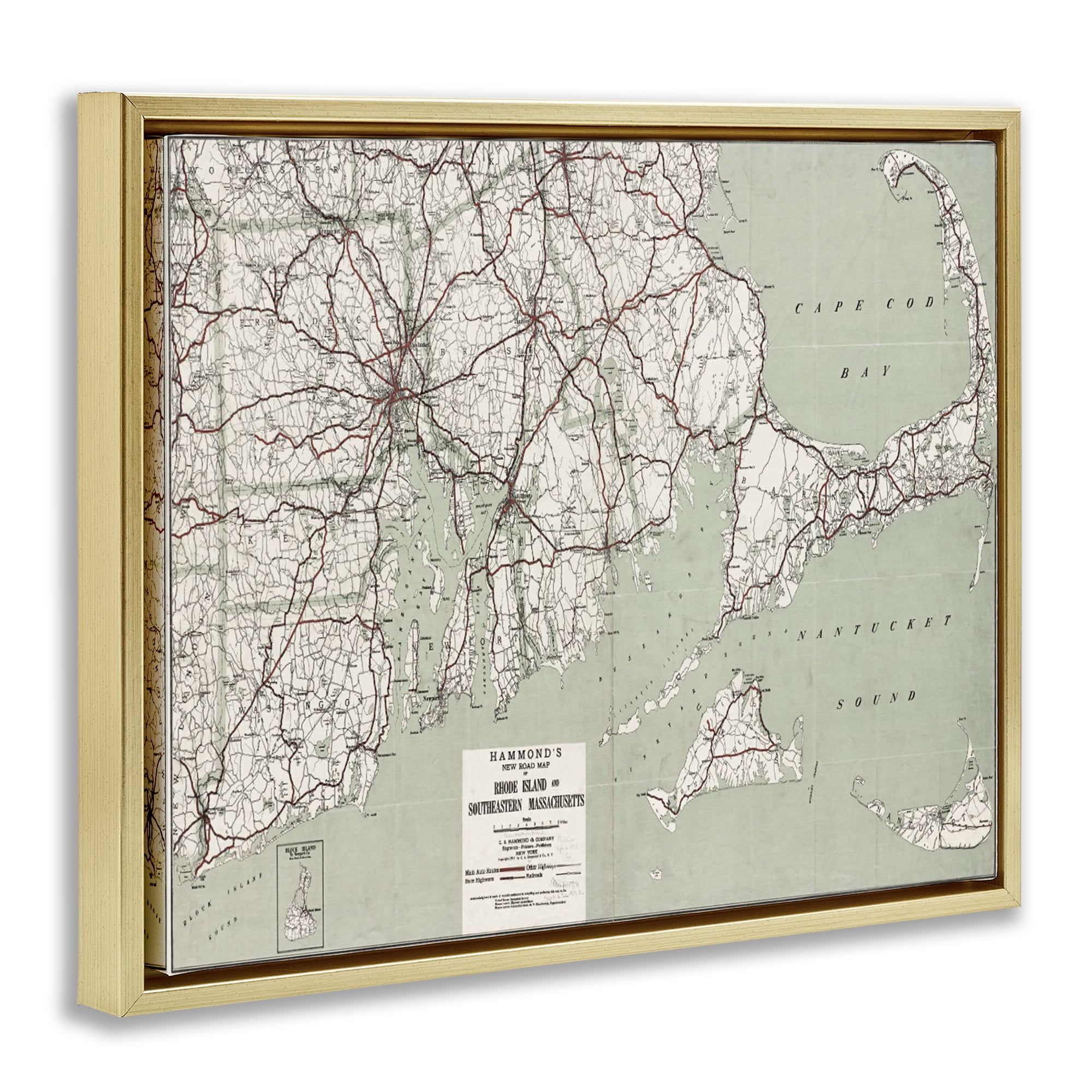 Stupell Industries Cape Cod & RI Map Cities & Countries Painting Gold Floater Framed Canvas Art Print Wall Art, 31 x 25
