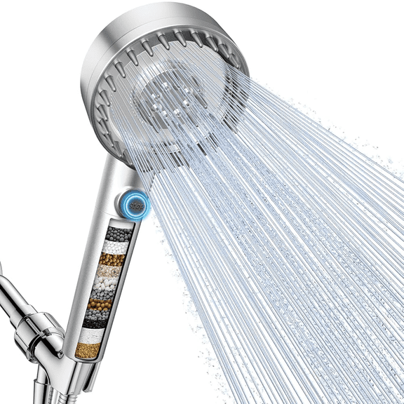 Filtered Shower Head with Handheld, High Pressure 4 Spray Mode Showerhead with Filters, Water Softener Filter Beads for Hard Water with ON/OFF Switch for Pets (Silver)