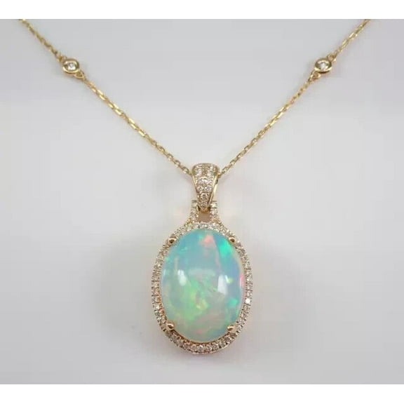 3.00Ct Oval Cut Lab Created Fire Opal Halo Pendant 14K Yellow Gold Plated Silver