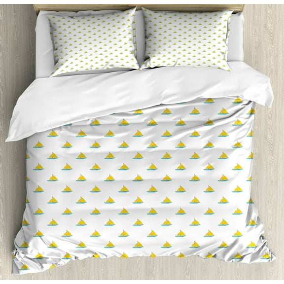 Sailboat King Size Duvet Cover Set, Modern Design Simplistic Style Sailing Boat with Egg Yolk Canvas Sails, Decorative 3 Piece Bedding Set with 2 Pillow Shams, Seafoam and Yellow, by Ambesonne