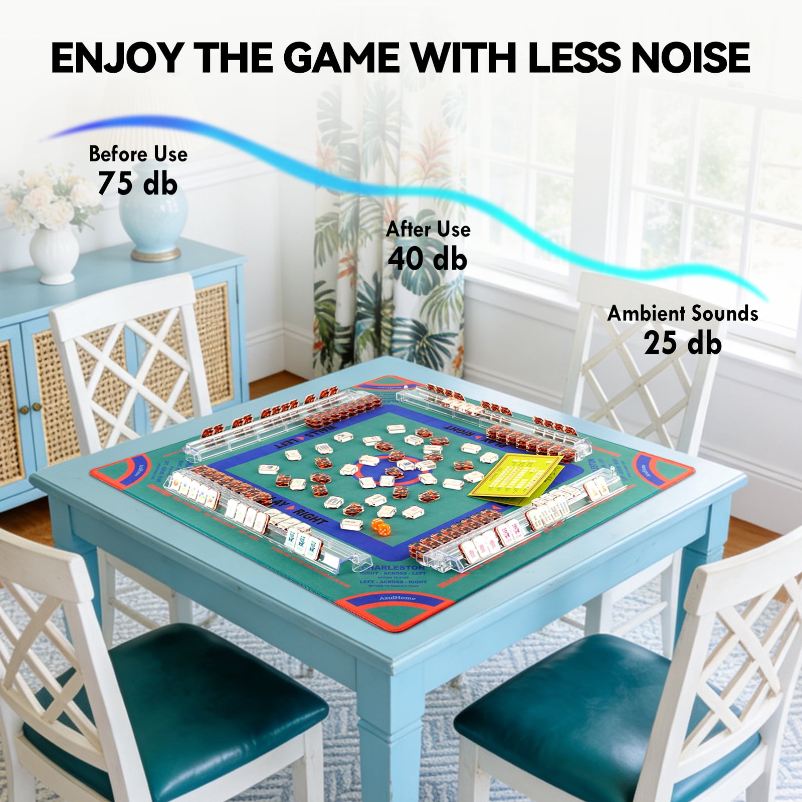 AzulHome Mahjong Mat with Black Carrying Bag, 31.5" Anti-Slip Mat with Rules Printed On Surface, Noise Reducing Table Cover for Poker, Cards & Dominoes, Green