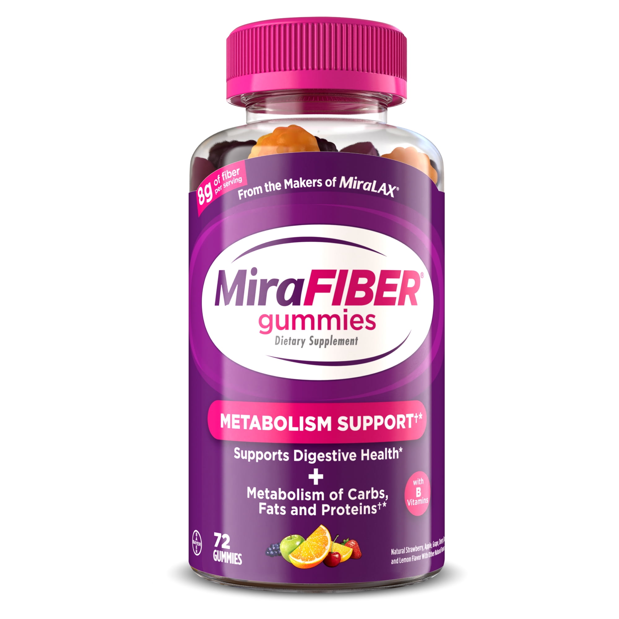 MiraFIBER Gummies, From The Makers of MiraLAX, 8g Per Serving, with B Vitamins, Metabolism Support, Gut Health for Men & Women, Prebiotic Fiber Gummies for Adults, Mixed Fruit Flavor 72 Count