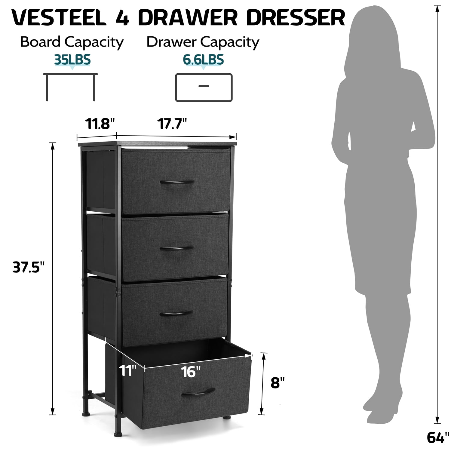 Vesteel 4-Drawer Dresser, Steel Frame, Fabric Storage for Bedroom
