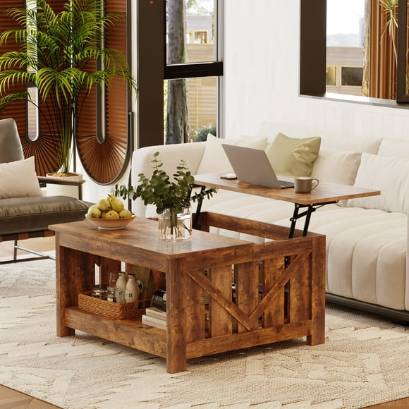 GUNAITO Table Basse à Plateau Relevable avec Armoire de Rangement et 2 Compartiments pour Salon, Brun, 31,5 Pieds'H X 31,5 Pieds'L Po