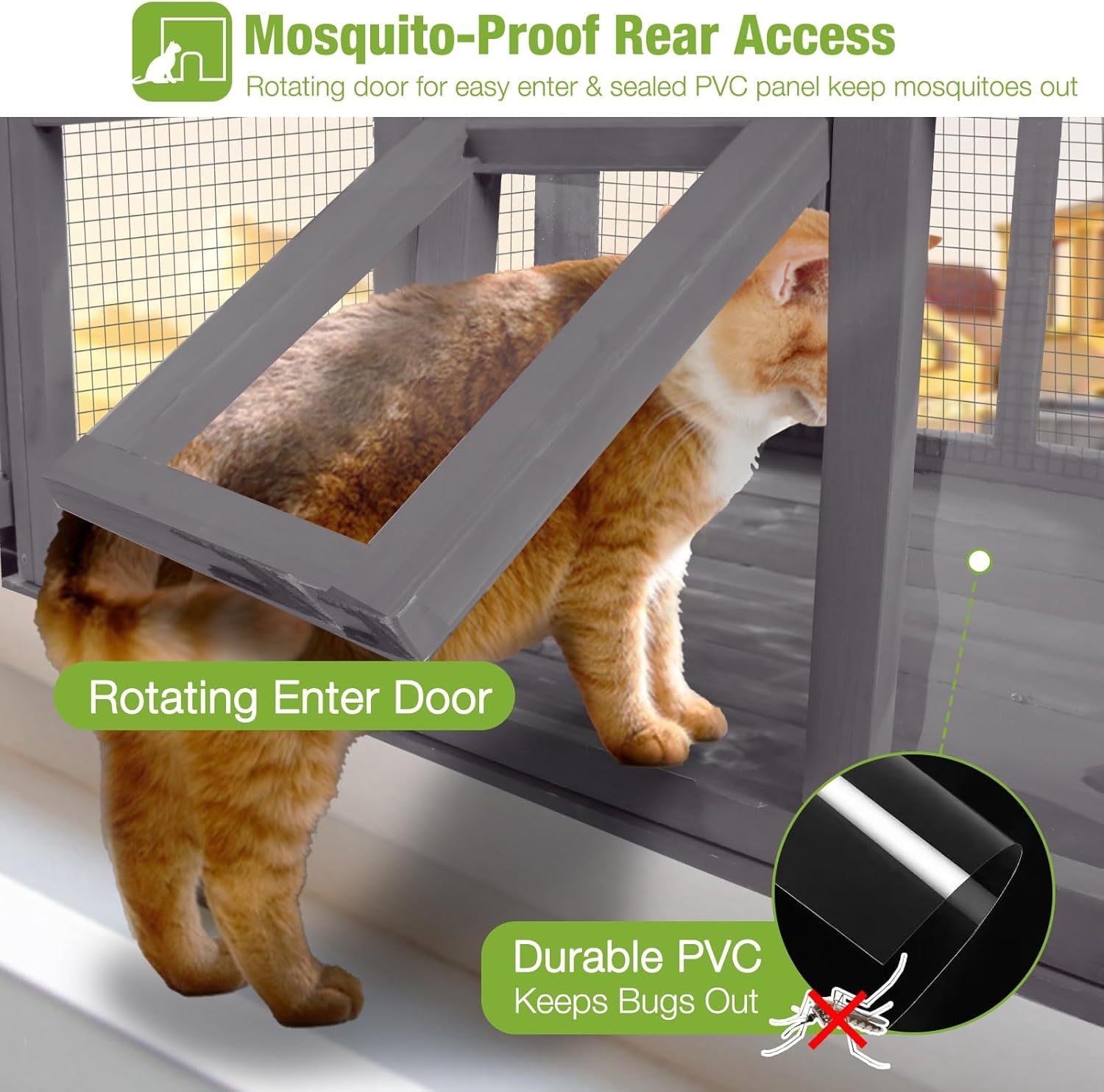 MEDEHOO Outdoor Cat Enclosure & Window Perch - High Density Wire Mesh, PVC Back Door, Bug-Proof (39.4" L × 22.8" W × 43.4" H)