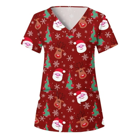 

JSGEK Discount Women s Fashion Short Sleeve V-Neck Shirt Working Uniform Christmas Cute Santa Claus and Reindeer Graphic Printing Pullover Blouse Scrub Tops with Pocket Wine L
