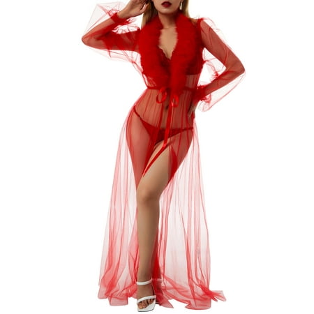 

Sunisery Women Sexy Lace Home Sleeping Coat Lingerie Feather Robe Long Sheer Robe Nightgown Bridal Robe with Feather Fur Sleepwear