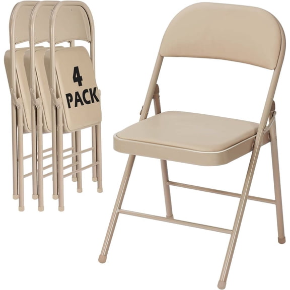 4-Pack Khaki Folding Chairs with Padded Cushion and Back, Portable Stackable Metal Chairs for Party, Wedding, Home or Office