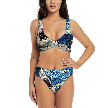 Zeuib Vintage Starry Sky Shark High Waisted Tummy Control Bikini Set - Knot Front Push Up Top & Cheeky Thong Bottom  Two-Piece Swimsuit for Women-XX-Large