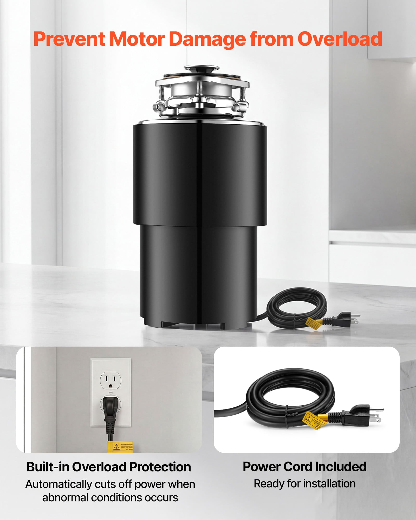 VEVOR Food Waste Garbage Disposal, 3/4HP 1500RPM AC Motor, Continuous Feed Kitchen Sink Garbage Disposer, 3-Bolt Mount Food Waste Grinding System with Splash Guard & Power Cord for Kitchens