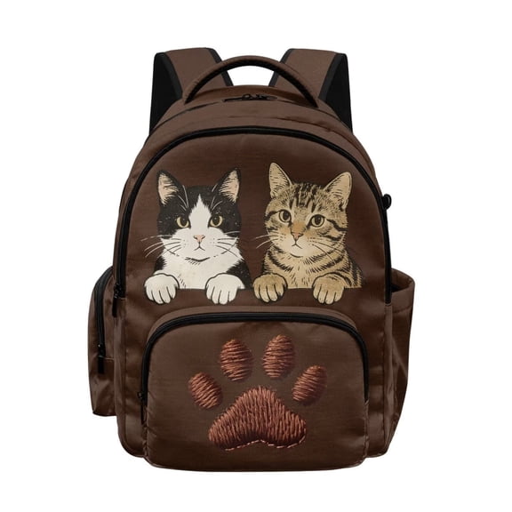 SCRAWLGOD Cat Paw Print Brown School Backpack for Boys Girls Backpack for Kids Teens Elementary Middle School 17” Large Knapsack with Padded Strap