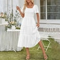 thumbnail image 4 of ZHYou No Boundaries Women Smocked Tiered Midi Dresses Casual Frock Square Neck Short Sleeve Flowy Dresses with Pockets,White,M, 4 of 9
