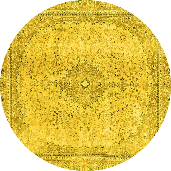 Ahgly Company Machine Washable Indoor Round Abstract Yellow Modern Area Rugs, 5' Round