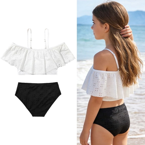 Girl Two Piece Swimsuits Ruffled Girls Bikinis with Chest Pad Beach Sport 7-8 Years