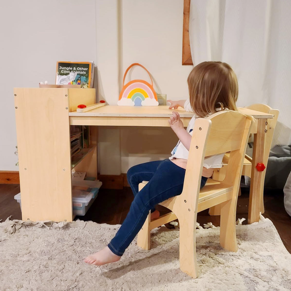 GDLF Kids Art Table and Chairs Set Craft Table with Large Storage Shelves Drawing Desk, Made of Plywood