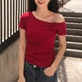 thumbnail image 4 of JSheng Summer Casual Tops for Women Fashion Women's Slim Solid Color Short-Sleeved Off-Shoulder Tops Red XL, 4 of 5