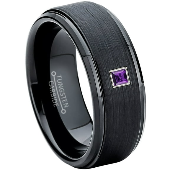 0.05ctw Princess Cut Amethyst Tungsten Ring - 8MM Brushed Black IP Stepped Edge Tungsten Carbide Wedding Band - February Birthstone Ring - 14kt White Gold Bezel - TN083PS-1AMTs9