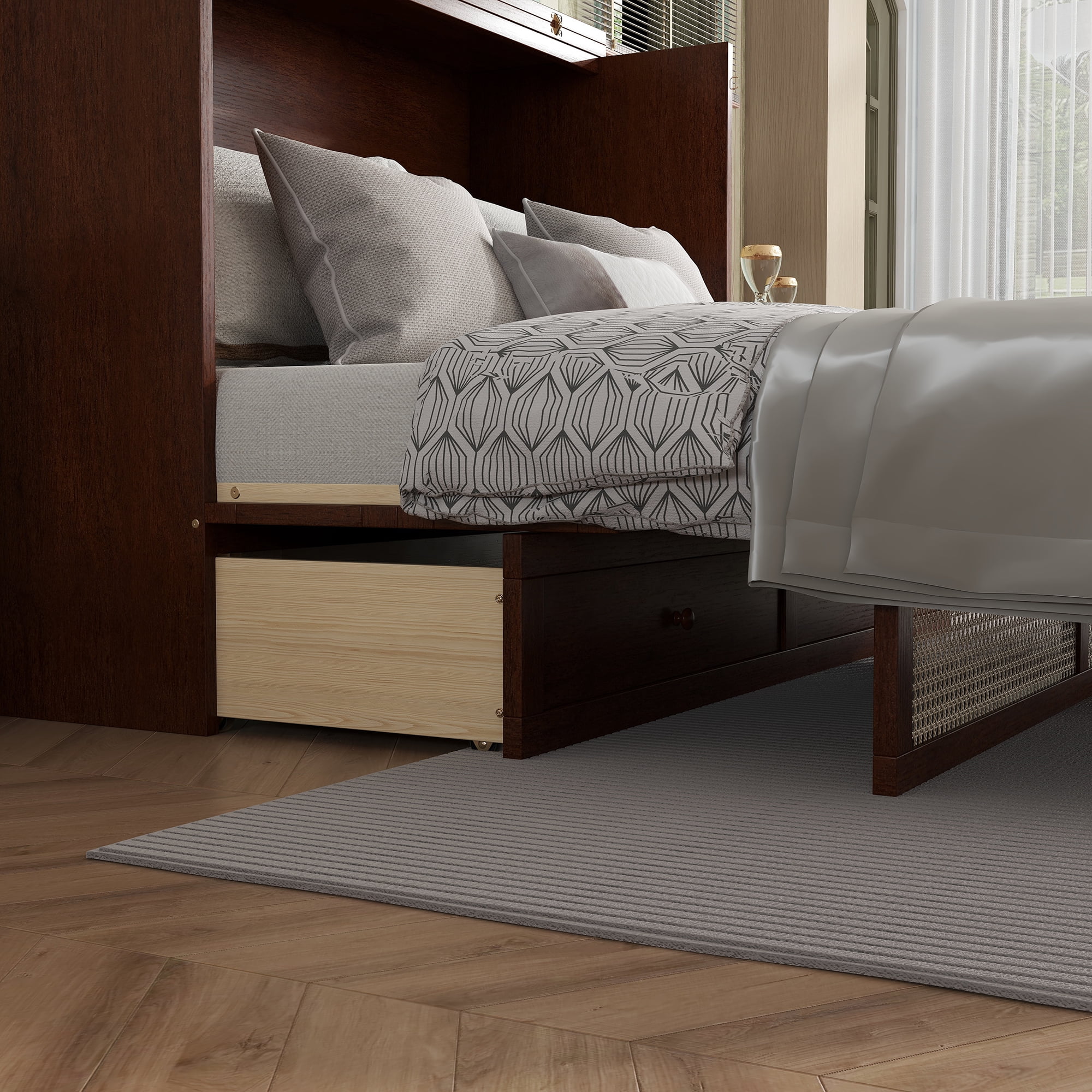 Leumius Queen Size Murphy Bed, Pine Wood Cabinet Bed with Rattan Decoration and Storage Drawer for Home Office Guest Room Walnut