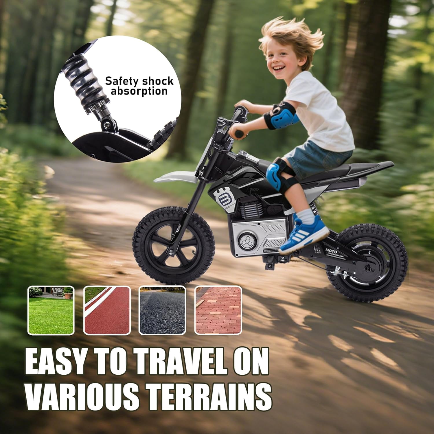ThunderBolt 24V Electric Dirt Bike Ride-On Motorcycle for Kids 5-15, 200W Motor, 3-9MPH Adjustable Speed, LED Lights, Shock Absorber,Bluetooth