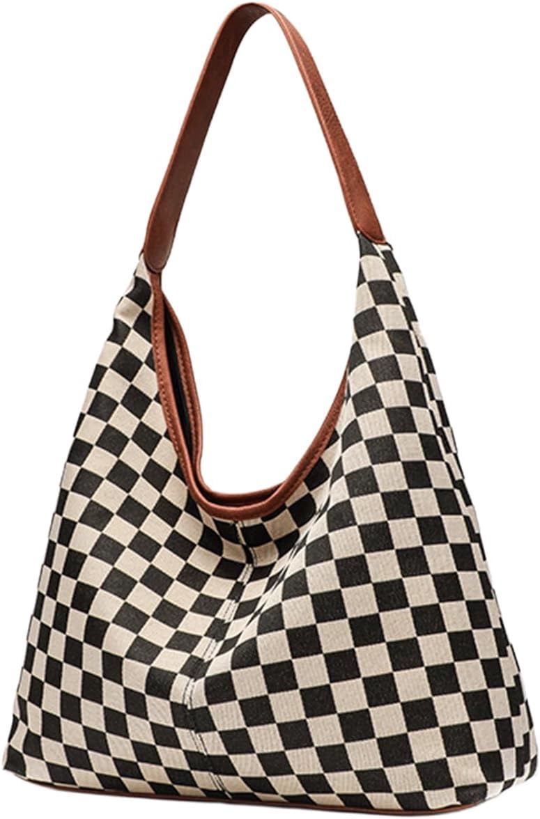 Sdmnsg-T Slouchy Shoulder Bag Checkered Y2K Hobo Tote Bag for Women Vintage Checkerboard Large Capacity Crossbody Purse Casual Retro