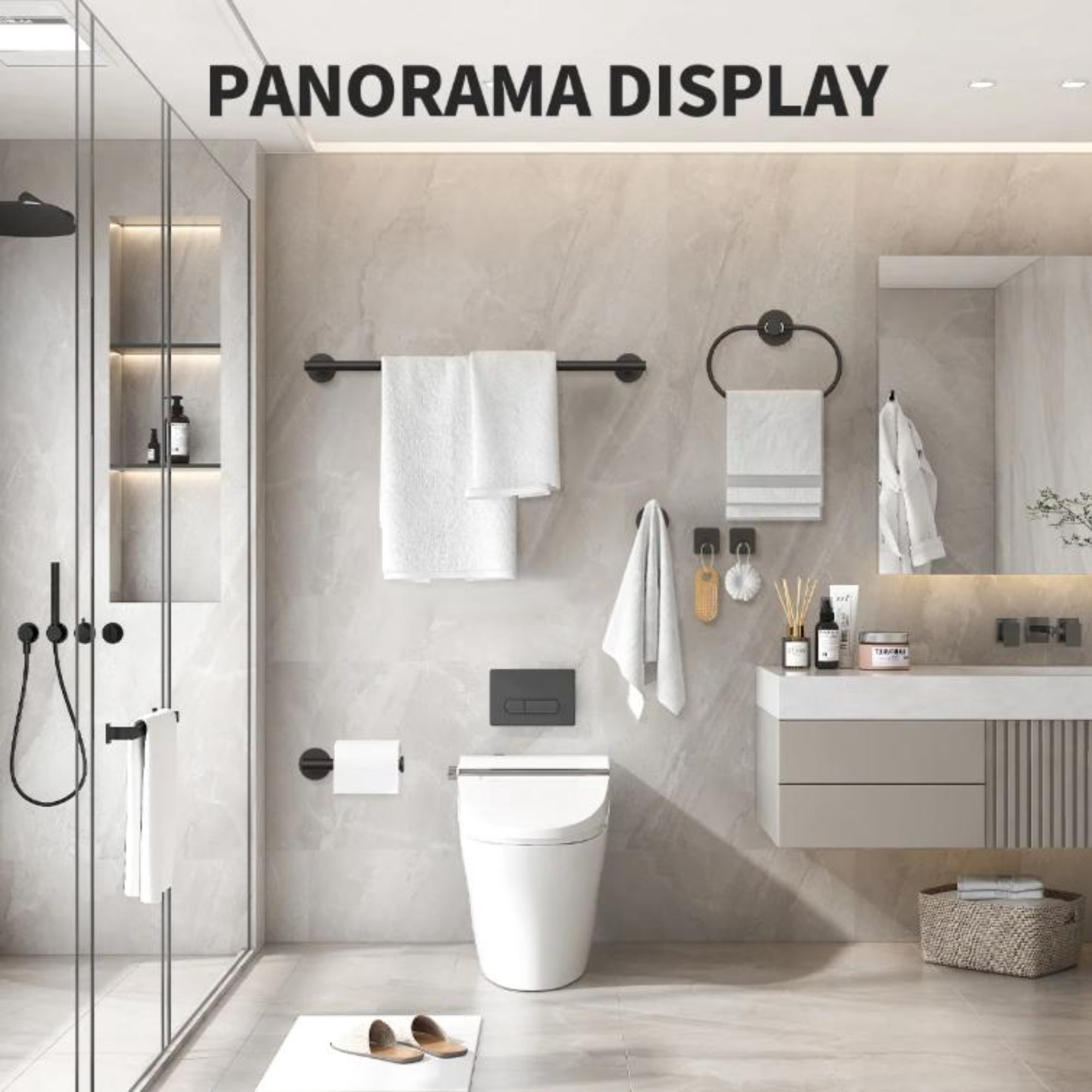 INSMART 7 PCS Bathroom Hardware Set,Black Stainless Steel Bathroom Tower Rack Set Wall Mounted,Includ Towel Bar, Towel Ring Towel Hook and Toilet Paper Holder