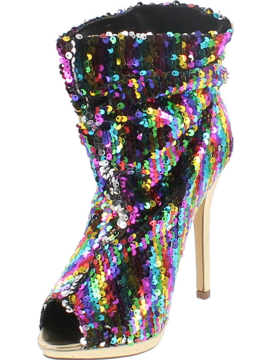 Liliana Maxim-12 Multi Color Sequins Peep Toe High Heel Above Ankle Bootie
