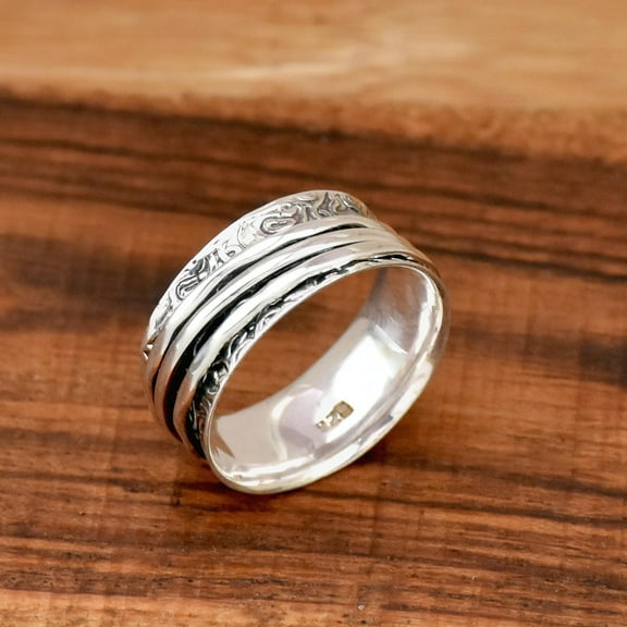 SS DESIGNS Textured Spinner Ring, 925 Sterling Silver Ring, Stackable Ring Floral Band Ring, Anxiety Ring Triple Band Spinning Ring Gift For Her