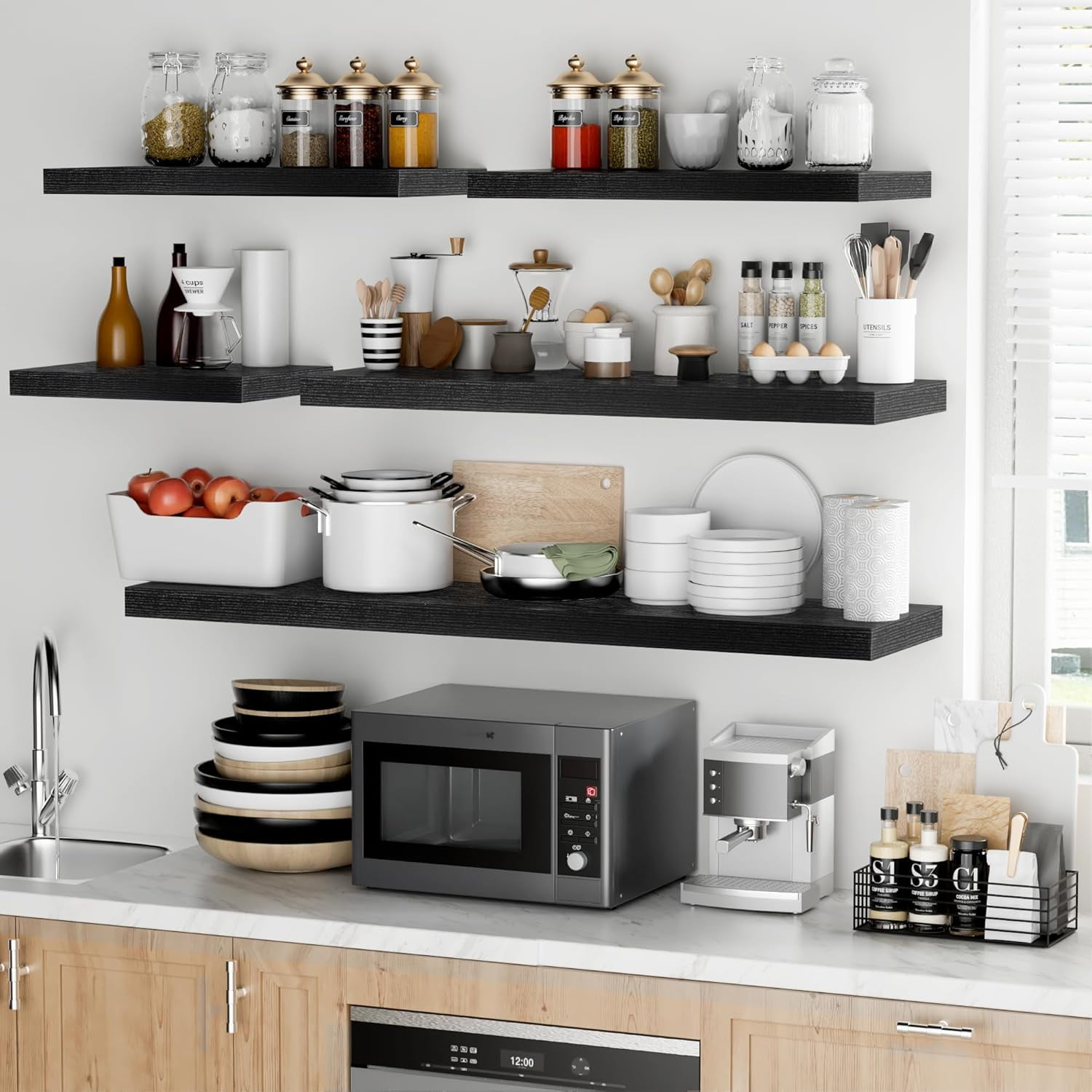Floating Shelves - 2 Pack 12 Inch Deep Rustic Wooden Wall Shelves - Extra Deeper & Thicker Wall Mounted Storage Shelf for Kitchen, Farmhouse - 16" W x 12" D x 1.5" H - Rustic Black